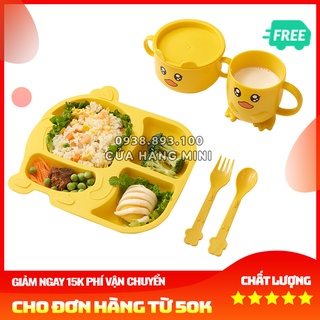 Full Bộ Khay Ăn Dặm Hình Con Vịt Vàng Đầy Đủ Phụ Kiện Khay, Muỗng, Nĩa, Ly, Chén