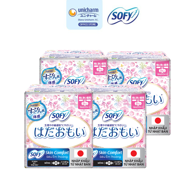 Bộ 4 gói Băng vệ sinh siêu mềm mại Sofy Skin Comfort 23cm có cánh gói 8M (Nhập khẩu)