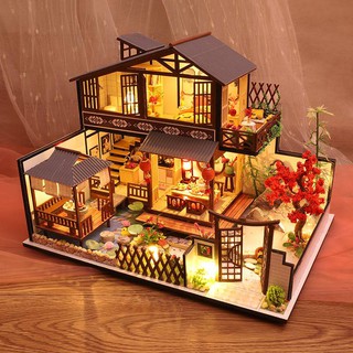 Mô hình nhà DIY Doll House Japanese Forest Valley Kèm Mica Chống bụi, Bộ dụng cụ, Keo dán và Bộ phát nhạc