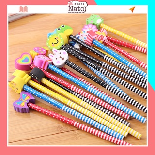 Bút chì gỗ 2b hình thú xinh cute kèm đầu tẩy cho bé học sinh NATO BC02