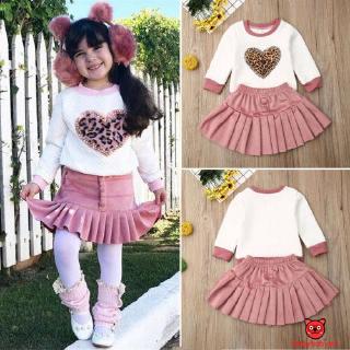 Set áo thun dài tay cổ tròn + chân váy da báo đáng yêu cho bé gái