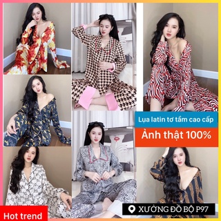 Đồ bộ pijama nữ tay dài quần dài dể thương kín đáo lịch sự tiểu thư cổ bèo lụa mango, latin, satin cao cấp đồ bộ mặc nhà