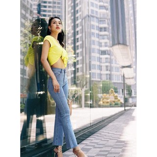 Quần jean nữ, quần bò nữ loe dài kết hạt túi lai tua rua thời trang