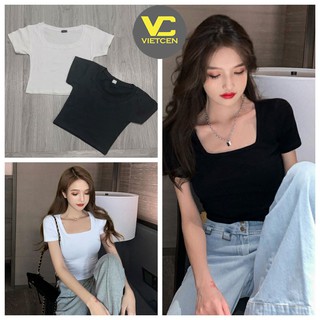 Áo thun cổ vuông nữ VIETCEN áo thun cộc tay trơn cổ U chất bozip co giãn