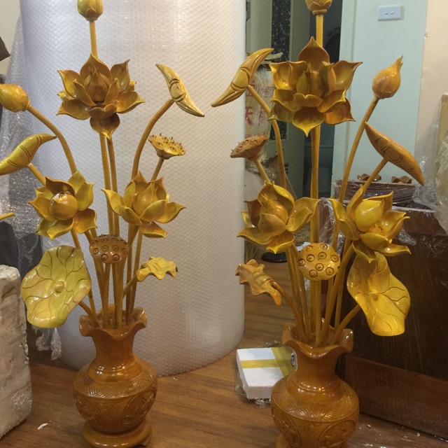 2 bình hoa sen gỗ mit bình đục
