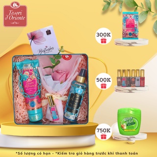 Hộp quà tặng Sữa tắm 250ml và Xịt thơm body 200ml Tesori d' Oriente kèm thiệp hoa dịp lễ 8/3