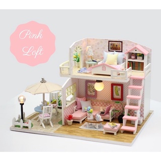Mô hình nhà búp bê hồng 2 tầng mini _ Mô hình nhà gỗ DIY tự lắp ráp ( Tặng kèm keo và mica chắn bụi)