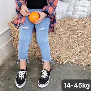 Quần jeans bé gái, quần bò dài bé gái, lai xéo cá tính năng động, chất jeans mềm, co dãn form chuẩn cho bé 15kg đến 45kg