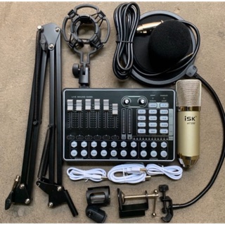 Combo Hát Thu Âm Livestream isk AT350-Sound card h9 auto tun kèm chân kẹo và màng lọc