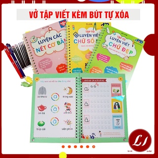 Bộ 3 Vở tập viết nét Lõm TỰ XÓA kèm bút tự bay màu cho bé luyện dễ dàng (2bút + 6ngòi + 2 định vị cầm bút)