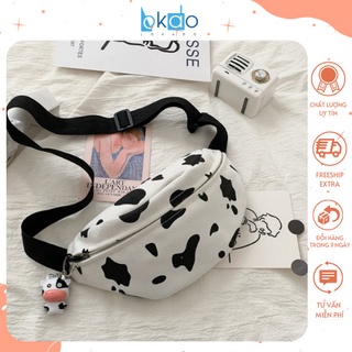 Túi vải bao tử bò sữa LOKADO, túi bao tử vải canvas họa tiết bò sữa đeo bụng, đeo chéo cực chất - HY158