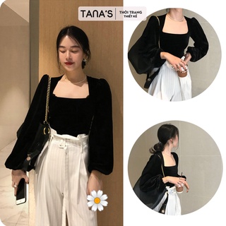 [TANA'S] Áo cổ vuông tay phồng dài tay kết hợp chất liệu liệu lụa sang trọng