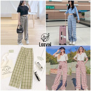 Quần Caro Nữ SIMPLE Ống Rộng Ulzzang Gam Màu Pastel Kiểu Quần Ống Rộng Kẻ Caro Cạp Cao Leevin Store