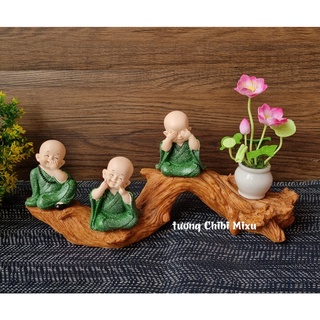 Bộ 03 chú tiểu Tam Không nhí áo xanh lá 7cm kèm chân đế và chậu hoa sen y hình