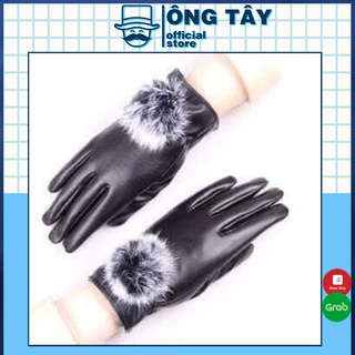 Găng tay da nữ cảm ứng đính bông