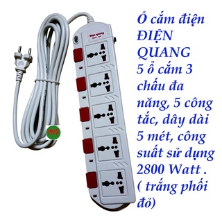 Ổ cắm điện quang 5 lổ 5 công tắc dây 5 mét - mỗi ổ cắm có công tắc riêng - công suất 2800 watt