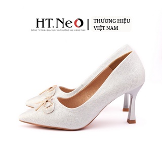 Giày cao gót HT.NEO Da vân tự nhiên, mũi nhon gót nhọn cao 5cm, đính nơ cực xinh CS221