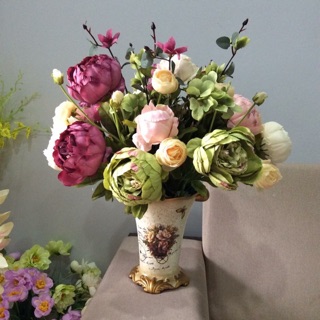 Set hoa lụa peony và mao lương