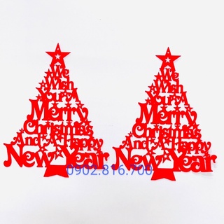 2 hình dán kiếng hoặc treo hình cây thông nhung đỏ cắt lazer chữ Merry Christmast trang trí Noel - giáng sinh