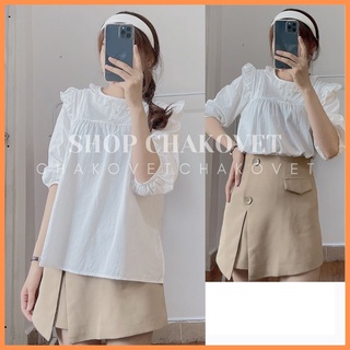 Áo babydoll tay lỡ 2 cúc bọc cka803, kiểu áo sơ mi nữ cao cấp cổ tròn bèo màu trắng phong cách ulzzang đẹp dễ thương