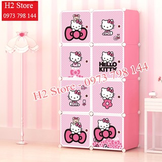 Tủ nhựa đa năng 8 ô size to treo đồ được đồ người lớn ( thân hồng phấn, cửa kitty chấm bi )