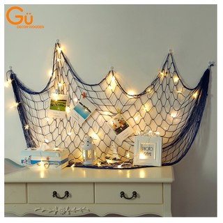 Khung Lưới Trang Trí GU DECOR WOODEN - Khung Lưới Đánh Cá Treo Tường Màu Xanh Theo Phong Cách Địa Trung Hải