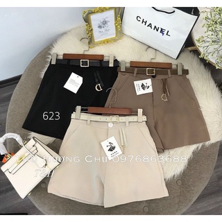 Quần sooc vải trơn chữ D kèm đai hàng QC