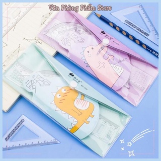 Thước kẻ cute nhựa dẻo 4 món chuẩn 1 thước 20cm 2 eke 1 đo độ để trong túi bấm dễ thương