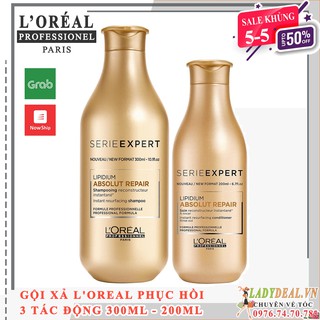 Cặp gội xả phục hồi tóc L'oreal Serie Expert Lipidium Absolut Repair Instant resurfacing 300ml - 200ml | Ladydeal.vn