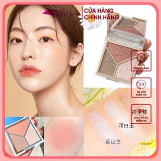 Bảng phấn tạo khối và bắt sáng 3 ô màu highlight tạo nét vùng chữ T, cánh mũi, xương quai hàm Lameila hoa hồng