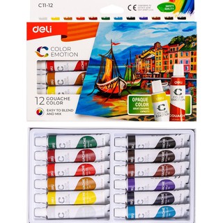 [Mã LIFEBOOK1 giảm 30K đơn 150K] Màu nước Gouache dạng tuýp 12 màu Deli C11-12 (Tuýp 12ml)