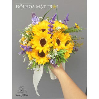 BÓ HOA CƯỚI CẦM TAY CÔ DÂU BẰNG SÁP THƠM HOA HƯỚNG DƯƠNG ĐIỂM LAVENDER TÍM