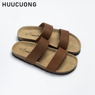 Dép unisex HuuCuong 2 quai da bò nâu đế trấu