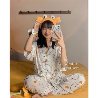 Bộ Ngủ Pijama Cánh Dơi Quần Dài Chất Lụa Hoạ Tiết Dễ Thương Kèm Dây Buộc Tóc Scrunchies