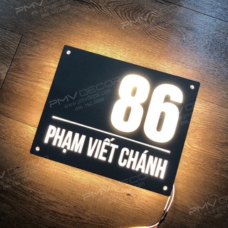BẢNG, BIỂN SỐ NHÀ. Có đèn LED, Mica cháo+ Mica màu ghi sần, số nổi 1cm, ngoài trời, BSN-PMV102