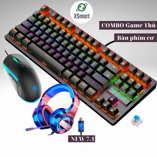 Combo bàn phím cơ và chuột kèm tai nghe headphone chụp tai có mic, bộ sản phẩm FULL LED đổi màu, K2+V7+Q9 7.1 (đen)