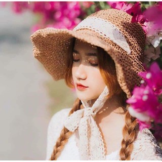 Mũ cói mềm thắt nơ ren đi biển chụp hình sống ảo