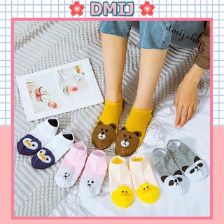 Set 5 đôi tất nữ cổ thấp nhiều màu vớ nữ cổ thấp hình Panda+Brown+Chim T52