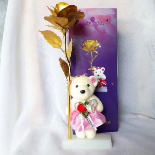 Hộp quà đứng để bàn hoa hồng màu vàng kèm gấu