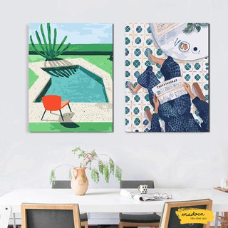 Tranh sơn dầu số hóa tự tô Bể bơi xanh 920 và Đọc báo 919