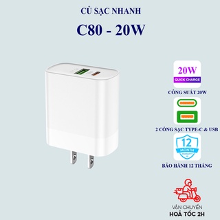 Củ sạc iphone Hoco C80/C80A 20W 2 cổng ra USB / Type-C dành cho iPhone, Android