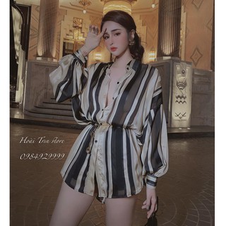 Áo váy sơ mi lụa sọc sang chảnh dáng rộng hàng đẹp sexy