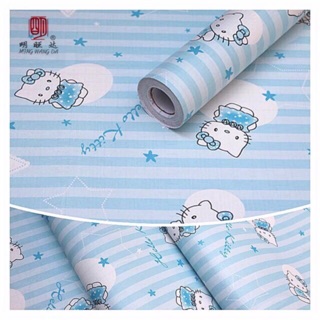 Giấy dán tường hello kitty xanh hồng kẻ trắng có keo 10m x45cm