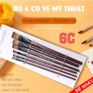 Bộ 6 Cọ Đầu Bẹt Vẽ Acrylic, Cọ Vẽ Màu Nước, Cọ Vẽ Màu Bột, Vẽ Sơn Dầu, Mỹ Thuật