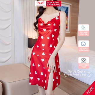 Váy Ngủ Hai Dây Xẻ Tà Nữ VINGO Thiết Kế Cổ Đổ Sang Chảnh Từ Lụa Pháp Cao Cấp Họa Tiết Tim Trắng Sexy Quyến Rũ N309 VNGO