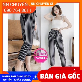 Quần Baggy nữ lưng cao Vải Thun mềm mịn mát co giãn tốt in hoạt tiết sọc thời trang