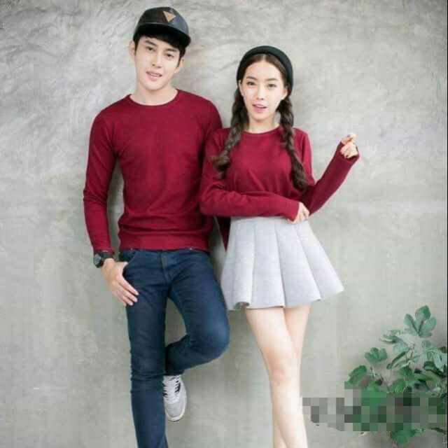  Áo len đôi cổ tròn lông cừu đỏ đô
