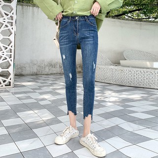 Quần jean 9 tấc BIG SIZE lưng cao trên rốn, co dãn mạnh, màu xanh đậm 3022 lai rách kiểu