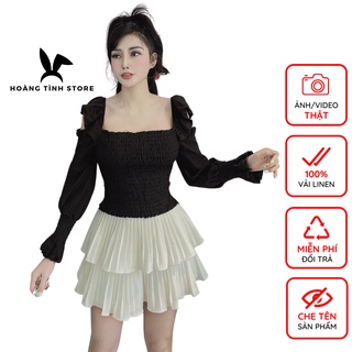 Áo trễ vai nữ tay bồng dáng ôm Hoàng Tình Store, áo hở vai tay dài sang chảnh, chất liệu vải linen cao cấp Freesize