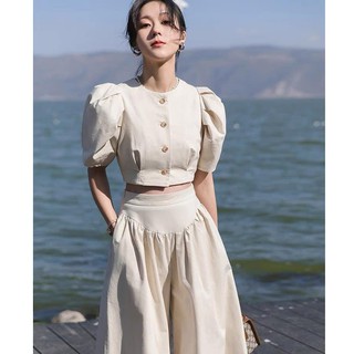SET KAKI ÁO CROPTOP TAY PHỒNG PHỐI QUẦN ỐNG RỘNG GIẢ VÁY